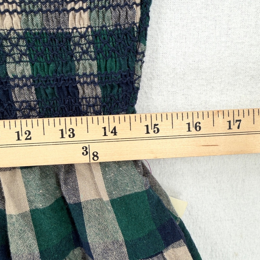 BOHME Emmett Plaid Mini Dress Women Medium Navy Green Smocked Puff Sleeve Tiered - Picture 15 of 16